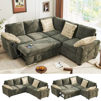 L-Shaped Sectional Sofa Bed with Storage, 5-Seater Convertible Pull Out Sleeper Sofa with USB Charging Ports, 4, Customized