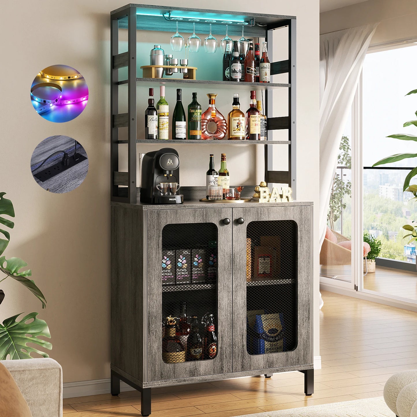 67" Tall Bar Cabinet with LED Lights And Glass Holder - Wine Liquor Cabinet with Power Outlets for Living Room Coffee Bar Station Microwave Stand Bakers Rack, White Oak
