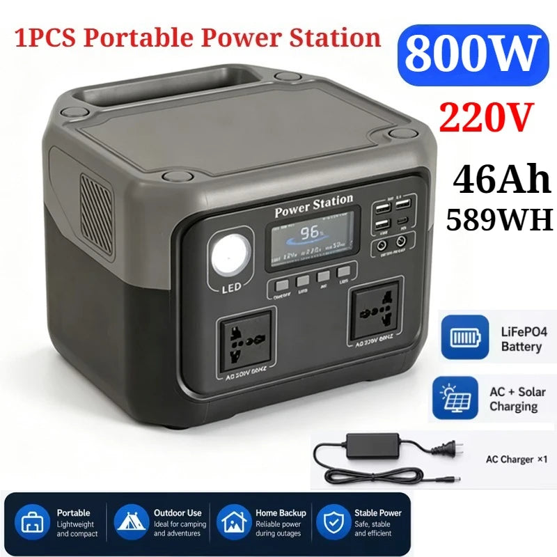 New 800W Portable Power Station 600W/800W 589WH Solar Generator Backup Power Bank for Outdoor Camping, Home Emergency, RV Travel