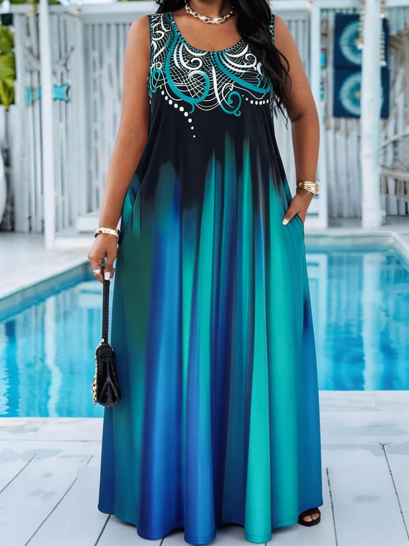 Plus Size Teal Blue Gradient Print Maxi Dress Summer Casual Round Neck Sleeveless Loose Long Sundress With Pocket