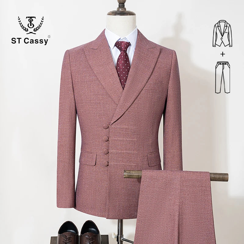 ST Cassy Elegant Men Suit for Wedding Slim Fit Double Breasted Multiple Buttons Casual Business Man 2 Piece Set Party Outfit