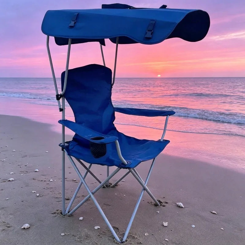 Portable Folding Camping Chair With Adjustable Sun Canopy, Heavy Duty Beach Lawn Chair With Cup Holder Side Pocket, Lightweight Foldable Outdoor Chair For Fishing Picnic Poolside Travel Garden