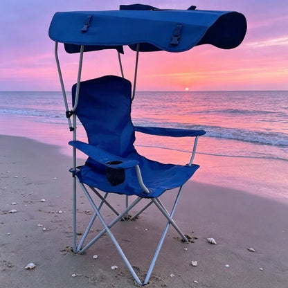 Portable Folding Camping Chair With Adjustable Sun Canopy, Heavy Duty Beach Lawn Chair With Cup Holder Side Pocket, Lightweight Foldable Outdoor Chair For Fishing Picnic Poolside Travel Garden
