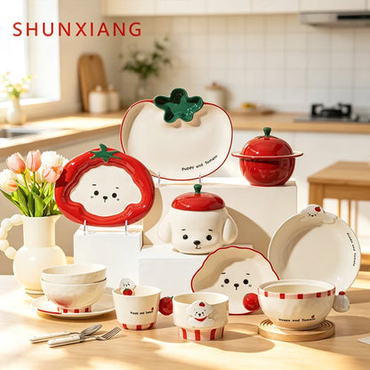 SHUNXIANG Tomato Puppy Ceramic Tableware Set Cute Cartoon Print Plates Soup Bowl Salad Pasta Microwave Safe Kitchen Dinnerware