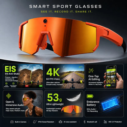 World Premiere 2026 New AI Camera Glasses 4K 60FPS HD Shooting Bluetooth Call Voice Assistant UV400 Sports Smart Glasses Cycling