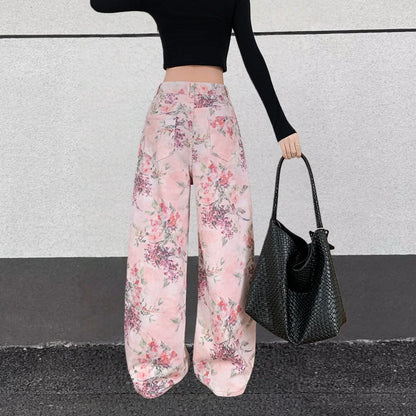 2025 Trend Y2K Style Flowers Printed Pink Baggy Women's Jeans Pants Woman Clothing Korean Casual Cotton Long Trousers Ropa Mujer