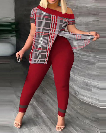 Two Piece Sets Women Outifits 2023 Spring Fashion Geometric Print Slant Neck Short Sleeve Hem Slit Top & Casual Skinny Pants Set