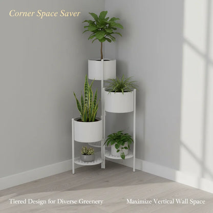 Corner Plant Stand 3-Tier, Nordic Iron Flower Pot Holder with Foldable Design, Space-Saving Ladder Plant Shelf for Indoor Outdoor, White