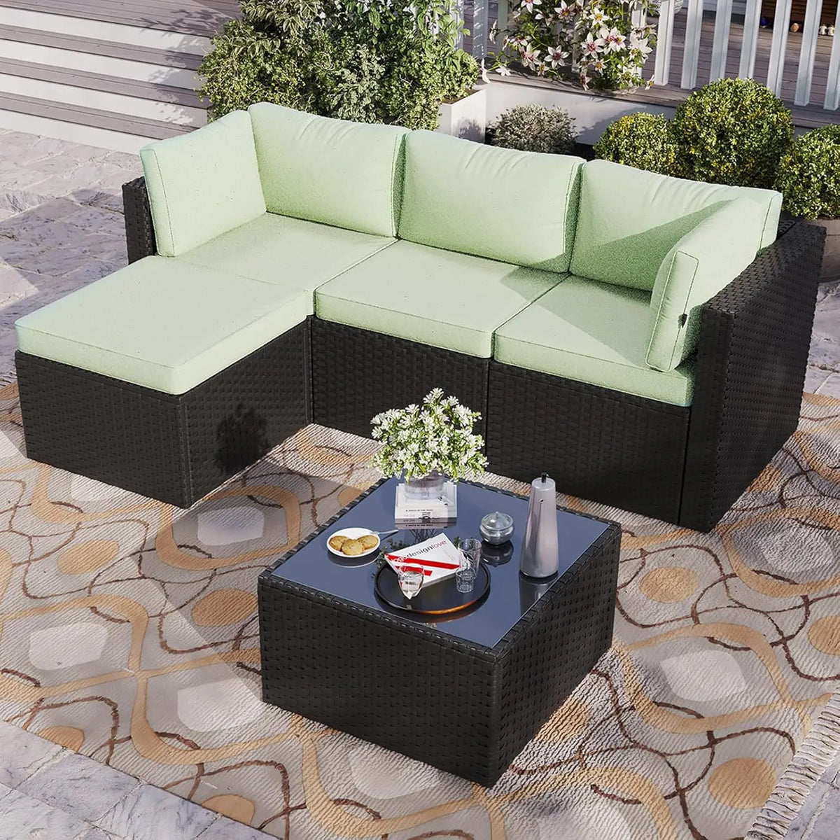 Patio Furniture Set 5-Piece, Outdoor Sectional Sofas with Washable Cushion, Wicker Rattan Patio Conversation Sets, Customized