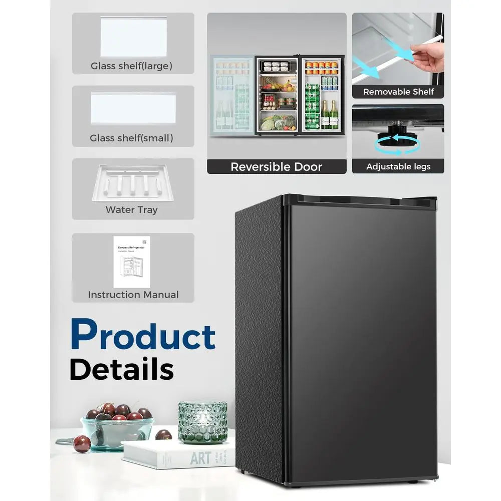 3.2 Cu.ft Single Door Compact Refrigerator, Adjustable Temp, Ideal for Small Spaces, Bedrooms, Apartments - Black