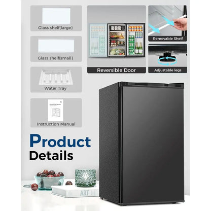 3.2 Cu.ft Single Door Compact Refrigerator, Adjustable Temp, Ideal for Small Spaces, Bedrooms, Apartments - Black