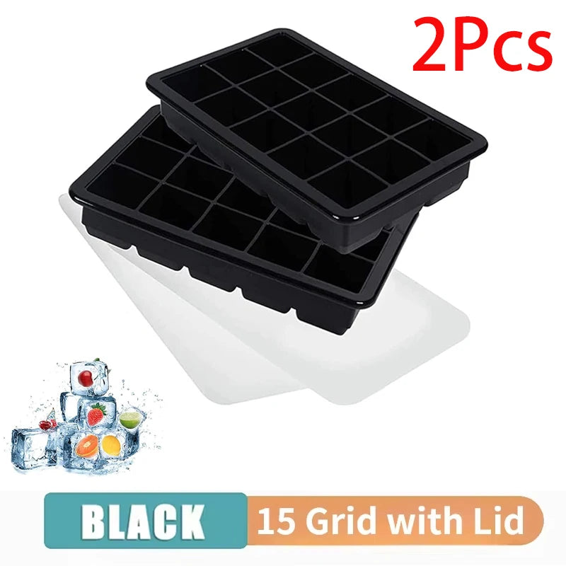 15 Grid Silicone Ice Cube Molds Reusable Big Ice Tray Mold Durable Ice Mould With Lid for Bar Pub Whiskey Cocktail