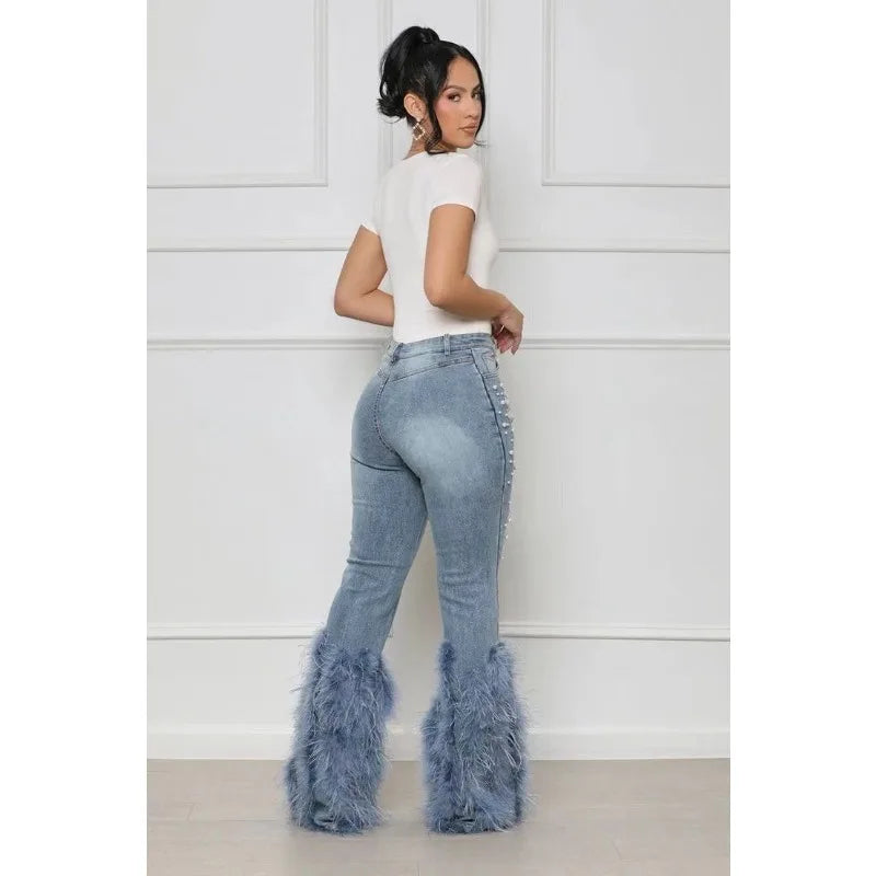 Women's Jeans Tassel Holes Vintage Feather High Waist Y2K Streetwear Casual Denim Pant Autumn Slim Beading Hollow Out Trousers