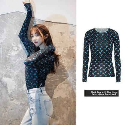 Sweet Two Piece Set Women American Retro Layered Outfit Long Sleeve Moon Print Top Ice Silk Pants Sexy Casual Autumn Fashion