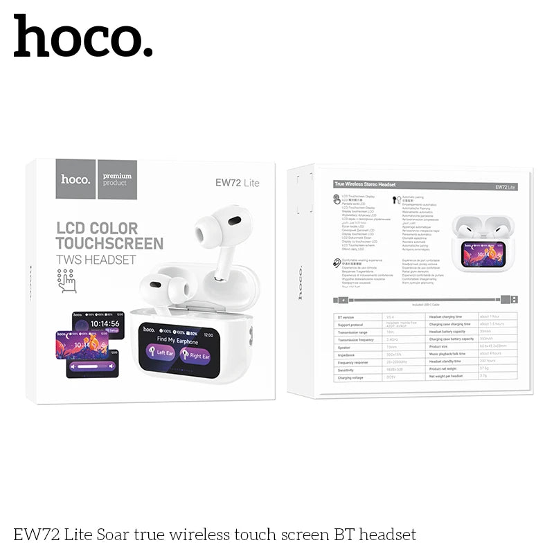 HOCO EW72 Lite Wireless Touch Screen Bluetooth Headset LED Power Display In Ear Sport Game Headphones with Charging Box White