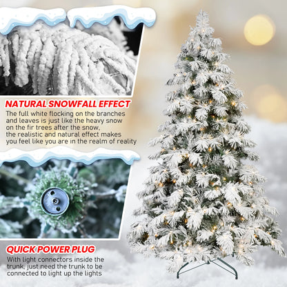 7FT Pre-lit Flocked Artificial Christmas Tree, Snow Flocked Xmas Tree with 360 Warm White LED Lights, 890 PVC Memory Wire Tips, Hinged Structure for Indoor Holiday Decor