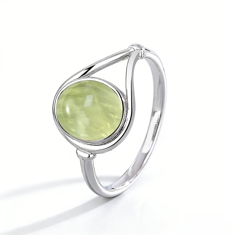 925 Sterling Silver Ring With Natural Prehnite Stone 8*10mm Oval Shape With Crystal Flower Design Gifts Fine Jewelry For Women