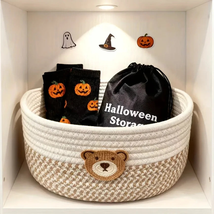 Cute Bear Fabric Storage Basket Woven Organizer Bin for Toys Clothes Home Bedroom Living Room Decorative Storage