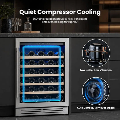 28-Bottle 24-Inch, 52-Bottle 24-Inch Wine Fridge Built-In Single-Zone Cooler | 41-64°F Digital Control, Compressor Cooling, Double-Pane Glass Door, LED Lighting, Lockable Door, Built-In or Freestanding