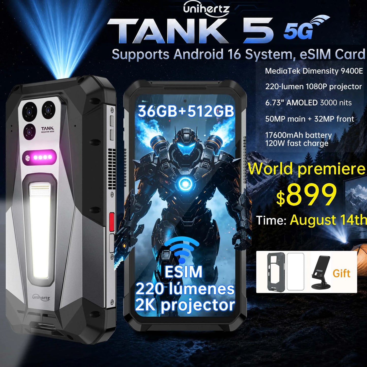 Unihertz 8849 TANK 5 Rugged Smartphone - World's First 2K Projector 9400e CPU 3K AMOLED 18GB+512GB 17600mAh Support eSIM WiFi 7