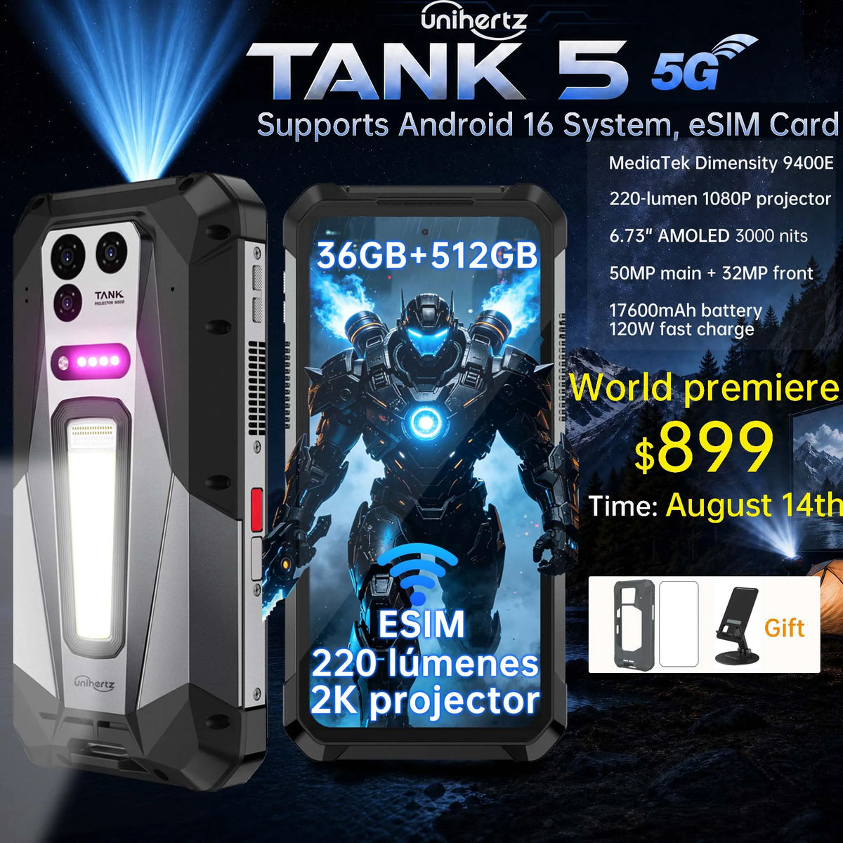 Unihertz 8849 TANK 5 Rugged Smartphone - World's First 2K Projector 9400e CPU 3K AMOLED 18GB+512GB 17600mAh Support eSIM WiFi 7