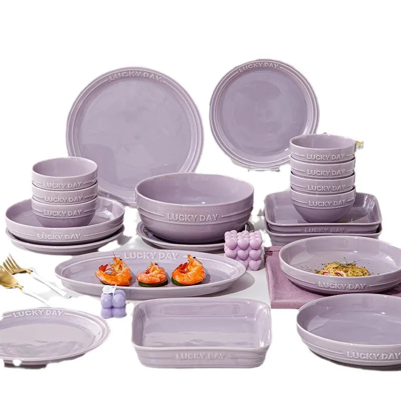 LingAo--Ceramic Purple Household High Appearance Level Solid Color Bowl, Plate, Soup Bowl, Tableware Set