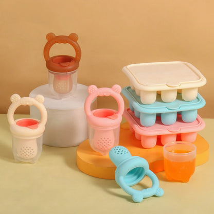 BPA Free 2 In 1 Baby Food Feeder and Silicone Baby Popsicle Mold Set Bear Fruit Teething Feeder Freezer Baby Food Storage Ice Lolly Mold for Infant Teething Supplementary Food Making