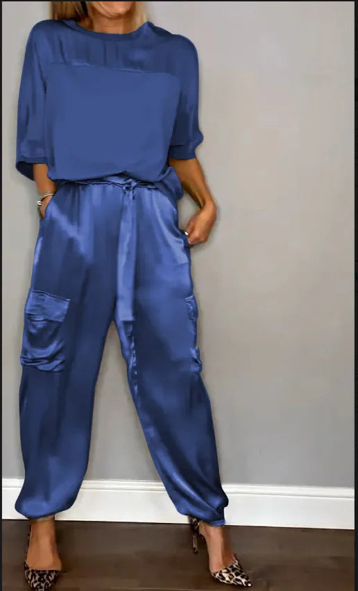 Elegant Satin Two Piece Set Women Outfits Spring Summer Casual Solid O Neck Shirt Long Pants Tracksuit Fashion Female Loose Suit