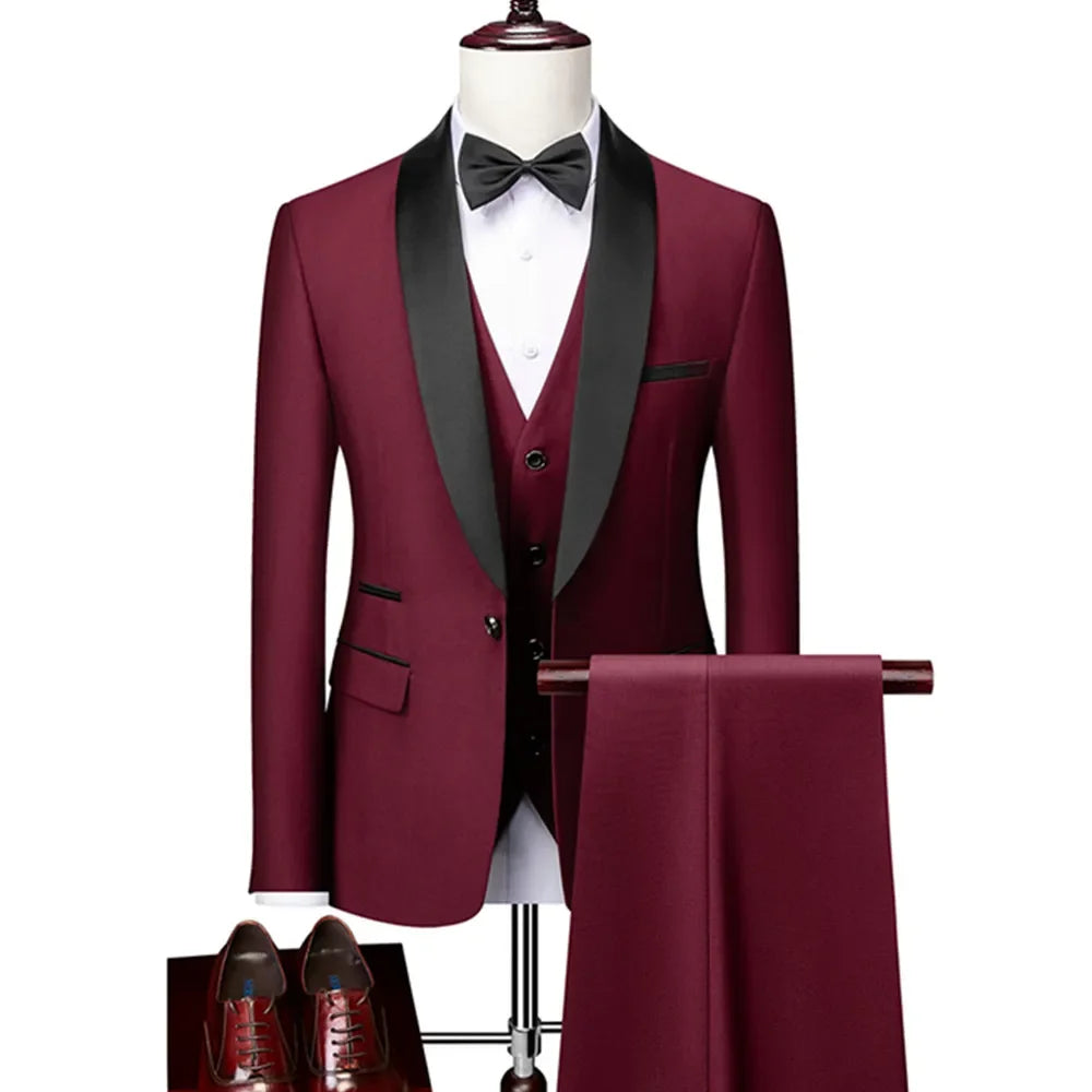 US Size Men Lapel Black Collar 3 Pcs Suit Set Coat Vest Trousers / Business Groom Wedding Dress Fprmal Blazer Pants Waistcoat