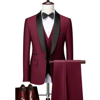US Size Men Lapel Black Collar 3 Pcs Suit Set Coat Vest Trousers / Business Groom Wedding Dress Fprmal Blazer Pants Waistcoat