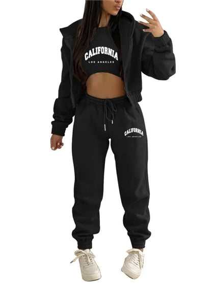 Autumn And Winter New Fleece Hoodie Letter Print Hooded Women's Suit Fashion Loose Casual Sports Pants Female 3 Piece Set 2024