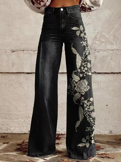 Women's 3D Printed Flare Jeans-Polyester Wide Leg Pants with Distressed Vintage Look, High Waist Comfort Fit for Street Fashion