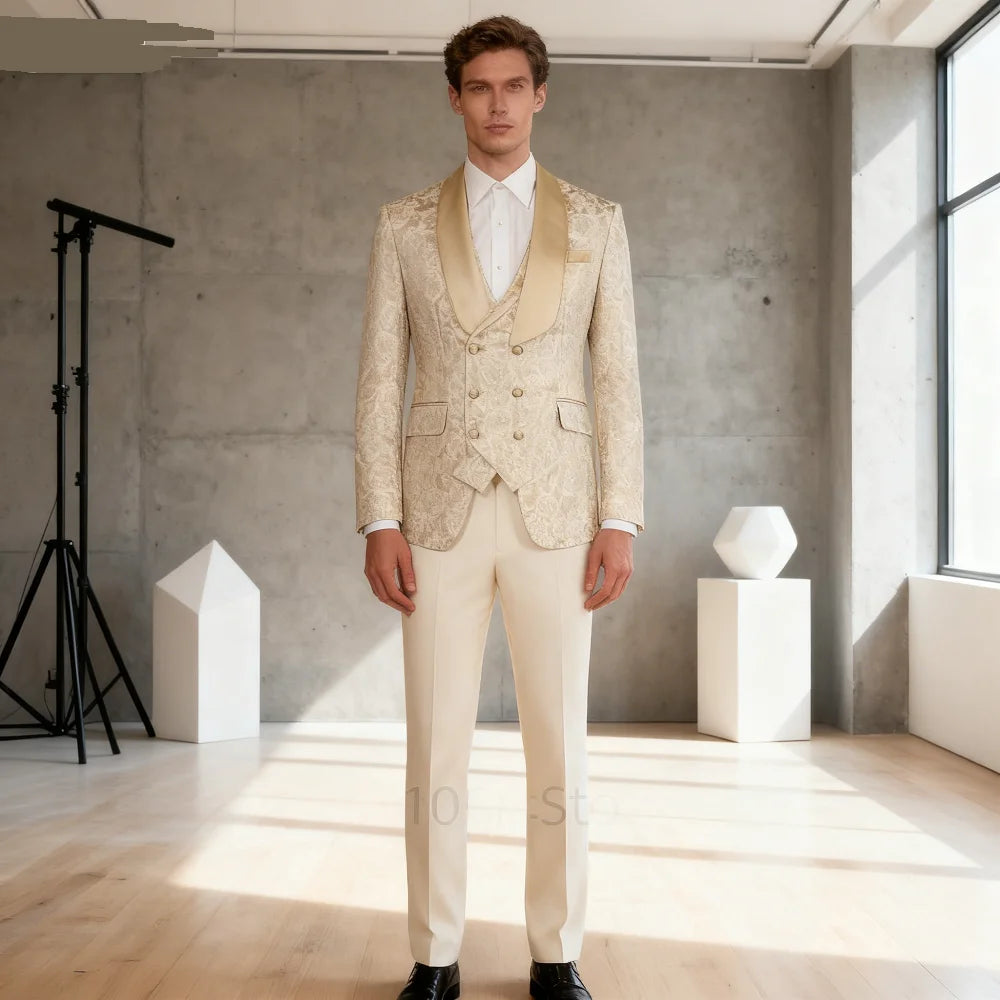 Champagne Jacquard 3-Piece Men's Formal Smoking Suit with Shaw Lapel Blazer Set for Groom Wedding Best Man Tuxedos for Party