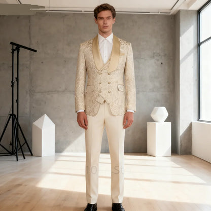 Champagne Jacquard 3-Piece Men's Formal Smoking Suit with Shaw Lapel Blazer Set for Groom Wedding Best Man Tuxedos for Party