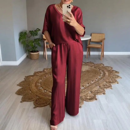 Summer Short-sleeved T-shirt Two-piece Set For Women V-neck Top Pullover Wide-leg Pants Suit For Women Spring Loose Satin Suit