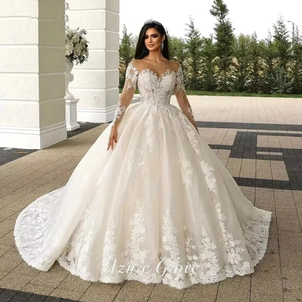 Azure Customized Women A-Line Wedding Dresses Sexy Lace Long Sleeves Tulle Bridal Gowns Engagement Banquet Robes De Mariee