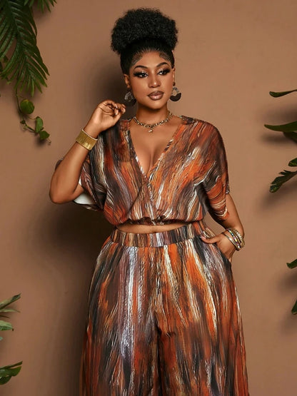 plus Size Ladies 2-Piece Set Casual Vacation Print Ensemble Short Sleeve Top And Long Pants