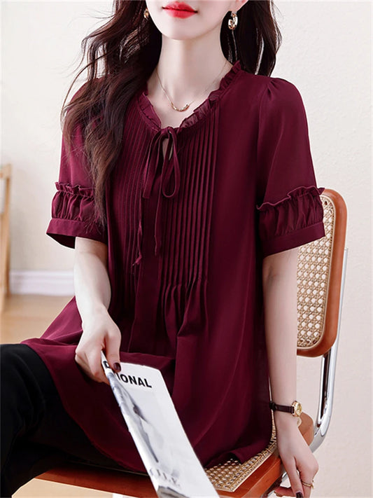 Wine Red Color Women's Short Sleeve Chiffon Shirt Loose Casual Style Summer New Arrival Mid-Length Top for plus Size Ladies