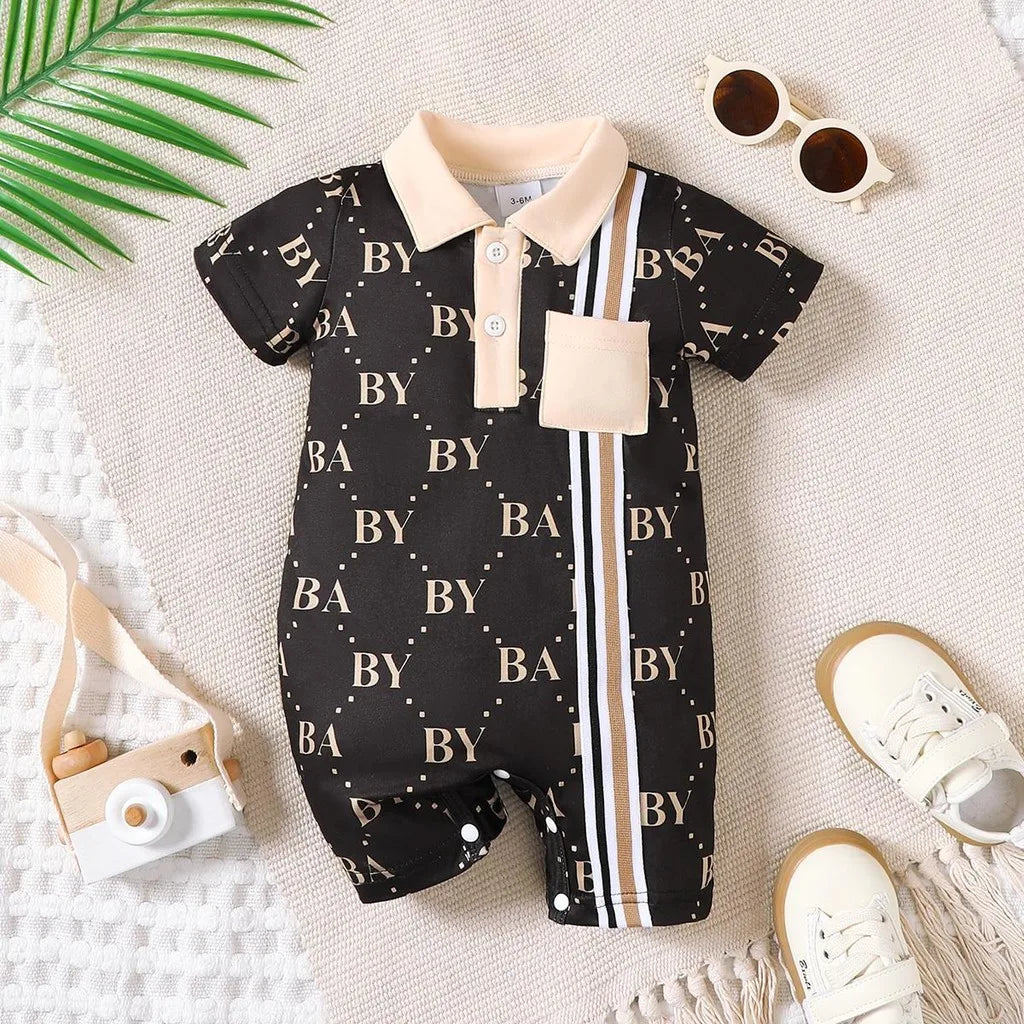 1-24 Months Newborn Baby Boy Fashion Romper Short Sleeved Flip Collar Letter Print Light Luxury Jumpsuit Toddlers Summer Clothes