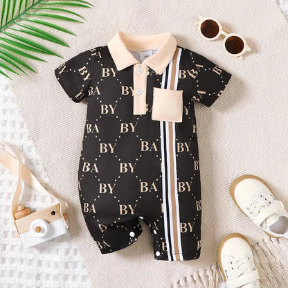 1-24 Months Newborn Baby Boy Fashion Romper Short Sleeved Flip Collar Letter Print Light Luxury Jumpsuit Toddlers Summer Clothes