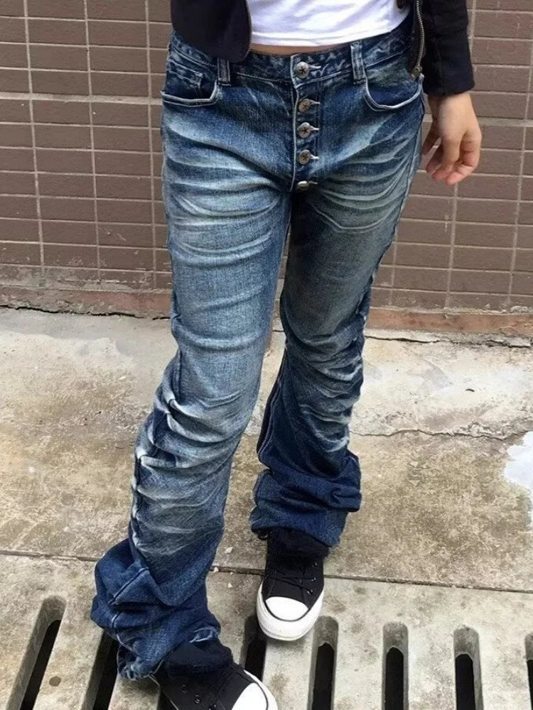 2026 Ropa Y2K Fashion Button Fly Washed Blue Slim Pleated Jeans Pants For Women Clothing Streetwear Vintage Lady Denim Trousers