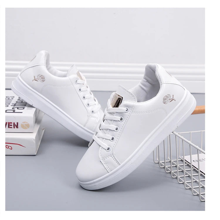 Women Leather Pu Casual Shoes New 2025 Woman Shoes Fashion Embroidered White Sneakers Breathable Flower Lace-Up Women Sneakers
