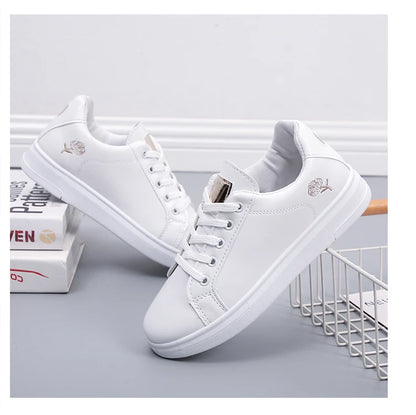Women Leather Pu Casual Shoes New 2025 Woman Shoes Fashion Embroidered White Sneakers Breathable Flower Lace-Up Women Sneakers