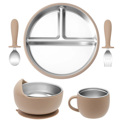 Color Kids 5PCS Baby Feeding Set Stainless Steel Silicone Tableware Sucker Dishes Plate Bowl Training Fork Spoon Infant Cup