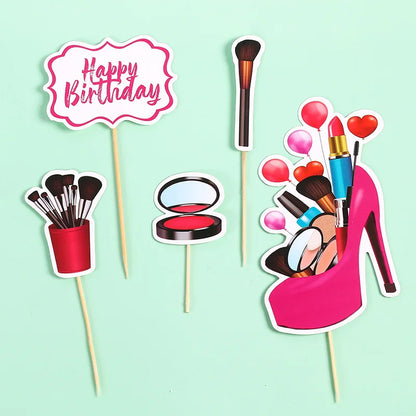 Perfume Lipstick Makeup Brush Cake Topper DIY Women Cupcake Cake Flags Kids Girl Happy Birthday Bride Party Baking DIY Decor
