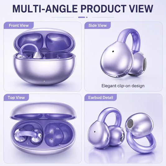 Open Ear Clip Wireless Headphones Bluetooth 5.4 Earphones with Long Battery Life, Sports Gaming Stereo Touch Control LED Mics