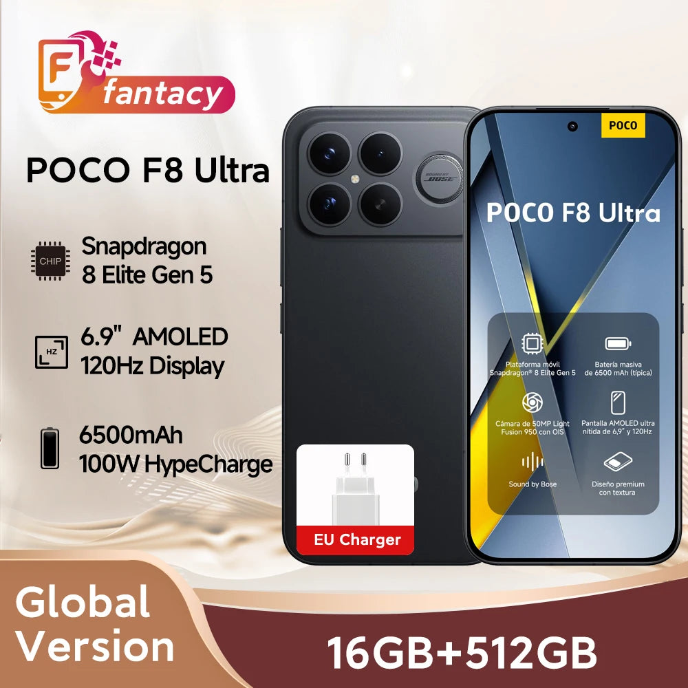 Global Version POCO F8 Ultra Smartphone Snapdragon 8 Elite Gen 5 6500mAh Battery 100W HyperCharging 50MP 6.9" 120Hz Display NFC