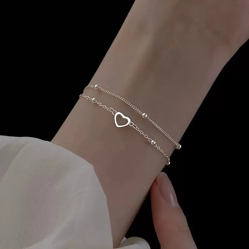 925 Sterling Silver Hollow Heart Bracelets for Women Girls Vintage