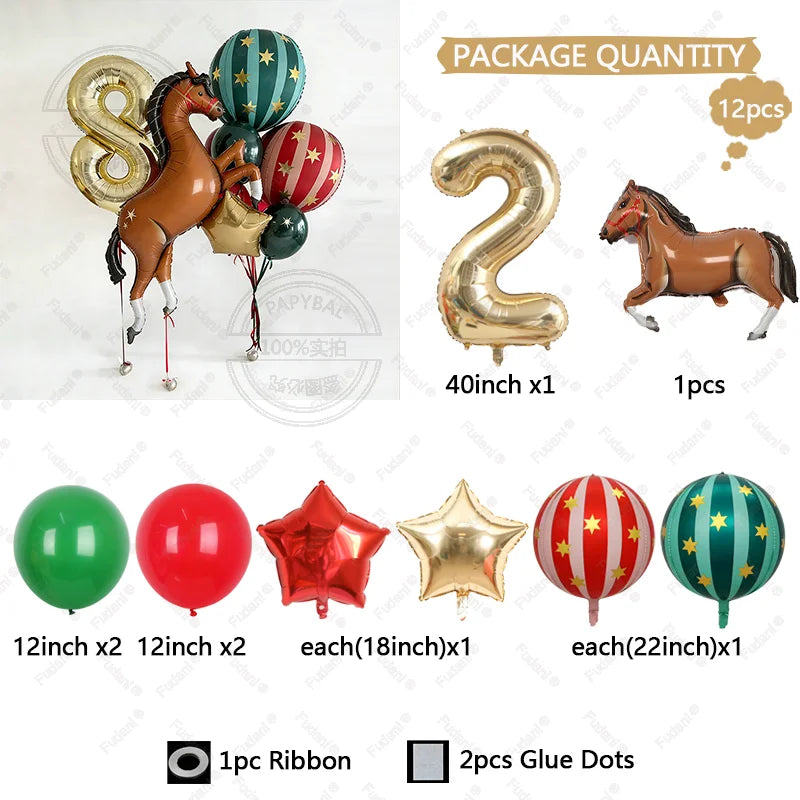 12pc Giant Race Horse Striped Star Balloons with 1-9 Cream Number Balloon for Cowboy Animal Theme Birthday Farm Party Decoration