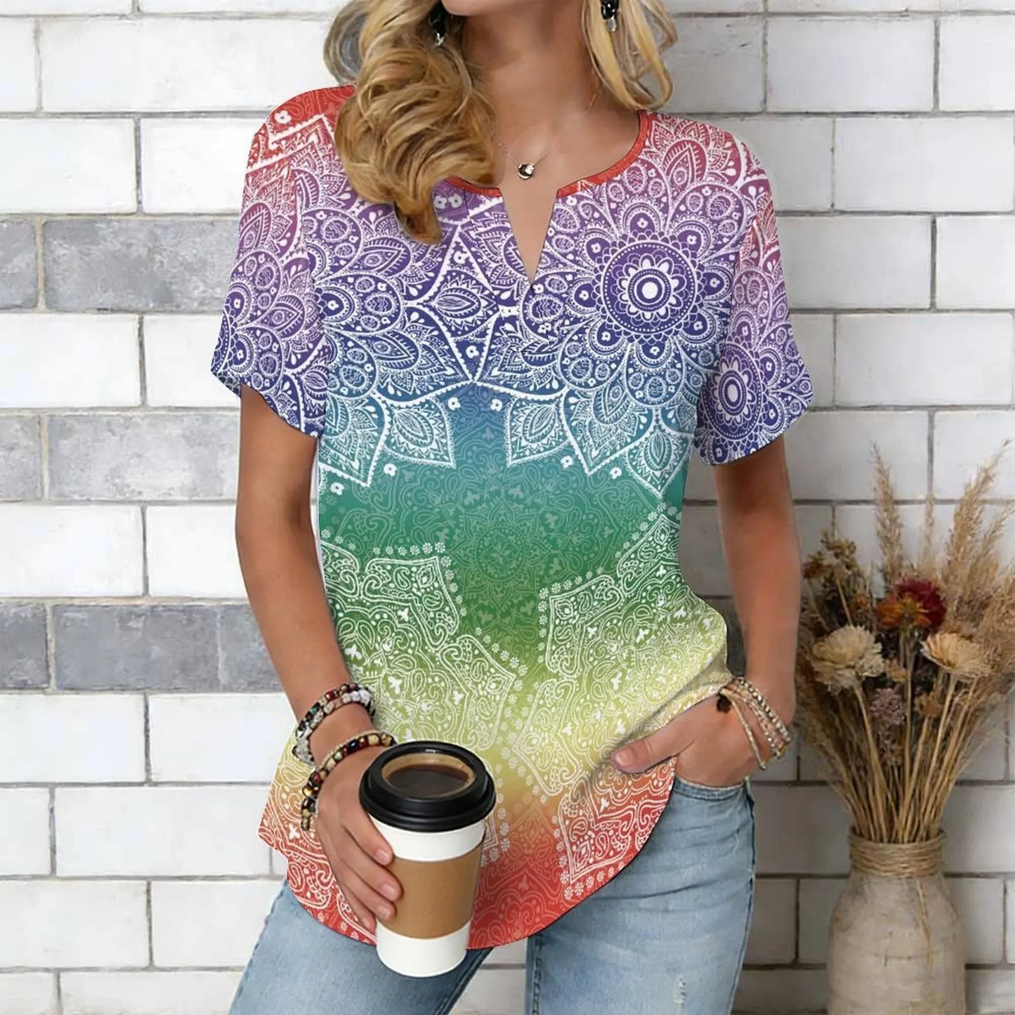 Women Print Notched V Neck Short Sleeve Casual Loose Tunic Tops